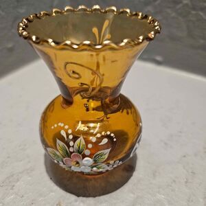 Bohemian Hand Blown Hand Painted Gold Rimmed Amber 3.5" Vase